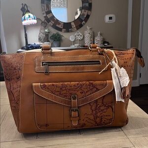 Patricia Nash Tan Map-Print Leather Tote